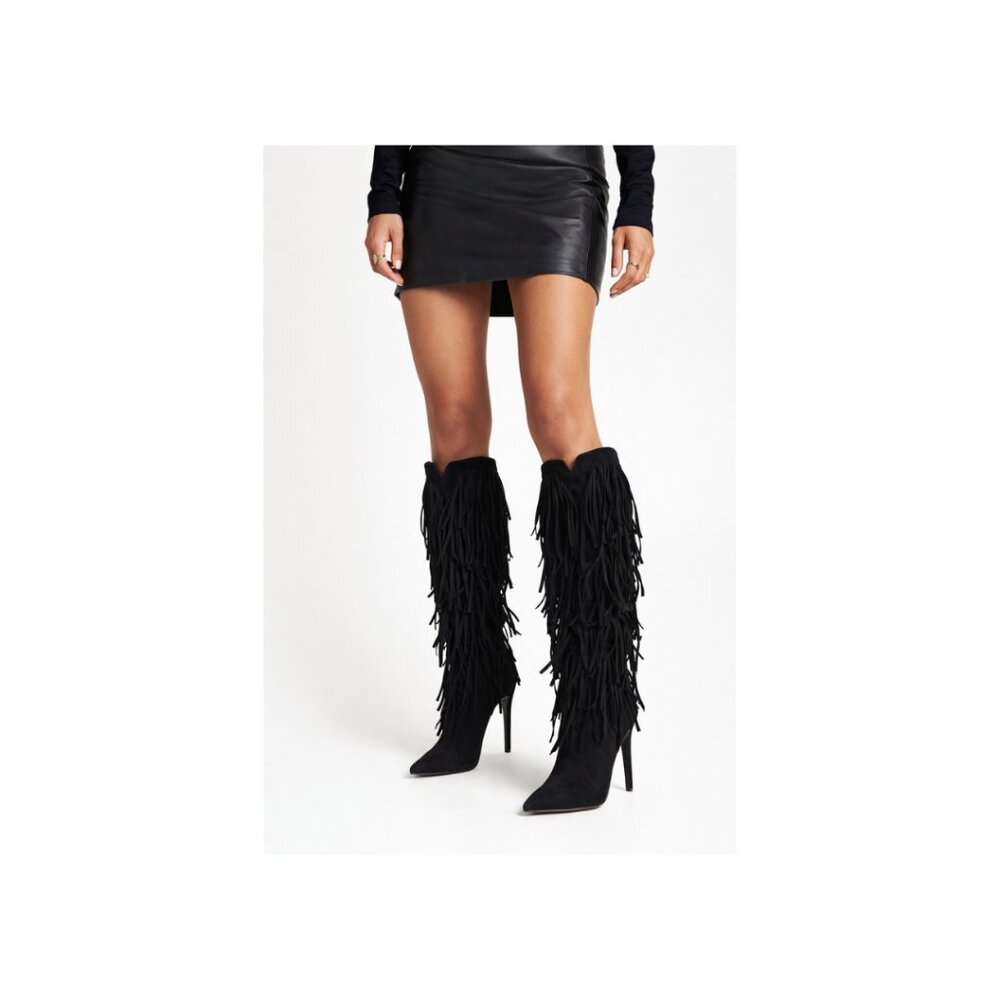 Brand New, Black, Suede pointy-toed tassel boots.